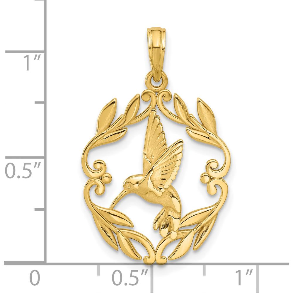 14K Yellow Gold Polished Hummingbird Charm with Graceful Leaf Detailing - 28.5mm by Oro Pregiato