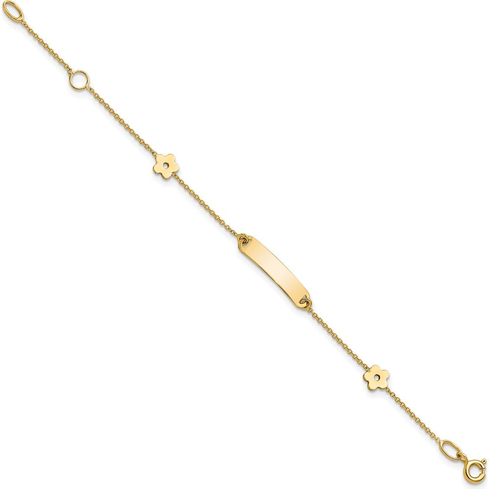 14K Yellow Gold Polished ID Bracelet with Flower Charm for Children by Oro Pregiato