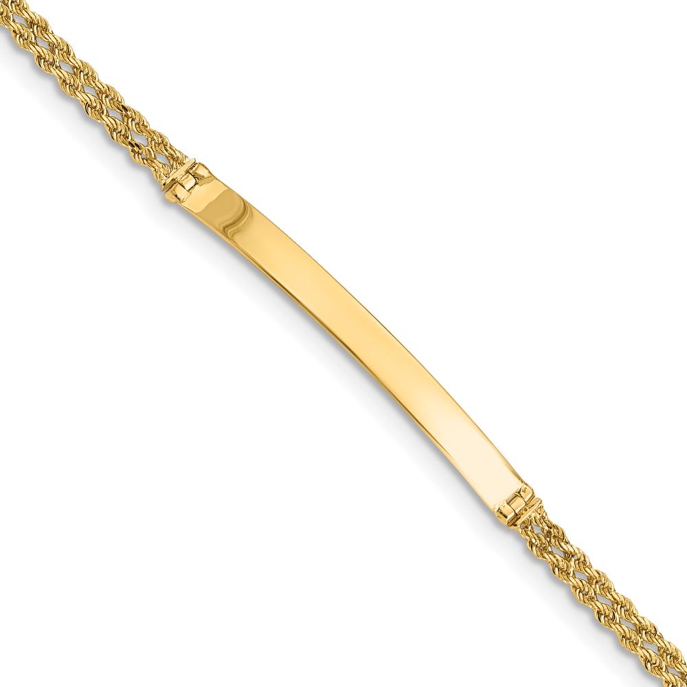 14K Yellow Gold Polished ID Bracelet with Two-Strand Rope Chain - 7 Inch