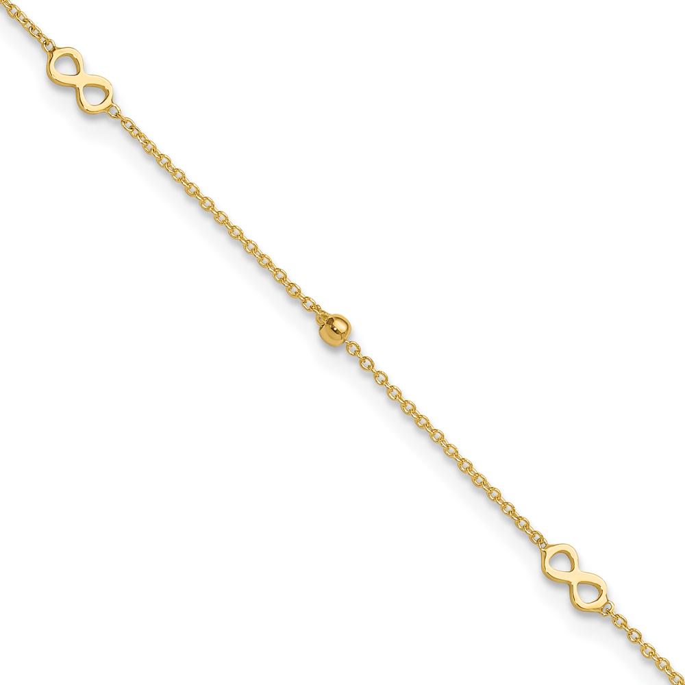 14K Yellow Gold Polished Infinity and Beads Anklet with 1" Extender - Adjustable 10" Total Length