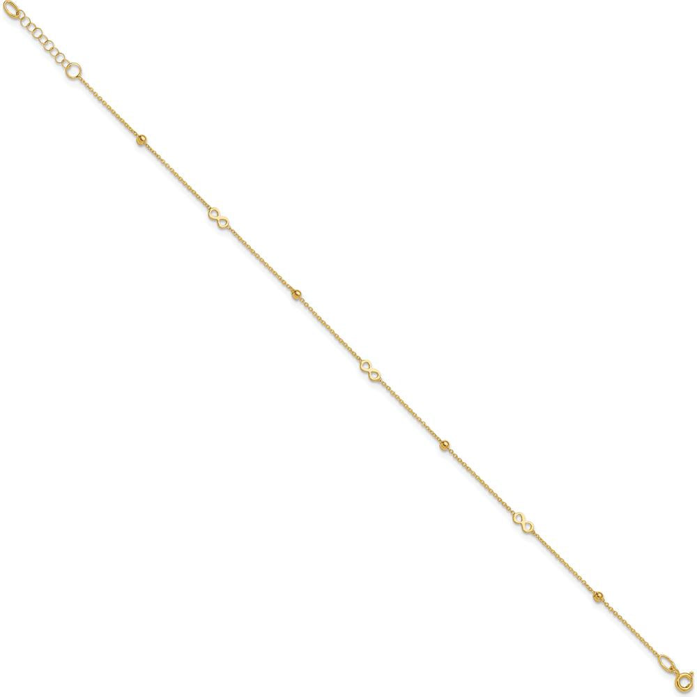 14K Yellow Gold Polished Infinity and Beads Anklet with 1" Extender - Adjustable 10" Total Length