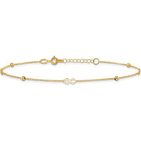14K Yellow Gold Polished Infinity and Beads Anklet with 1" Extender - Adjustable 10" Total Length