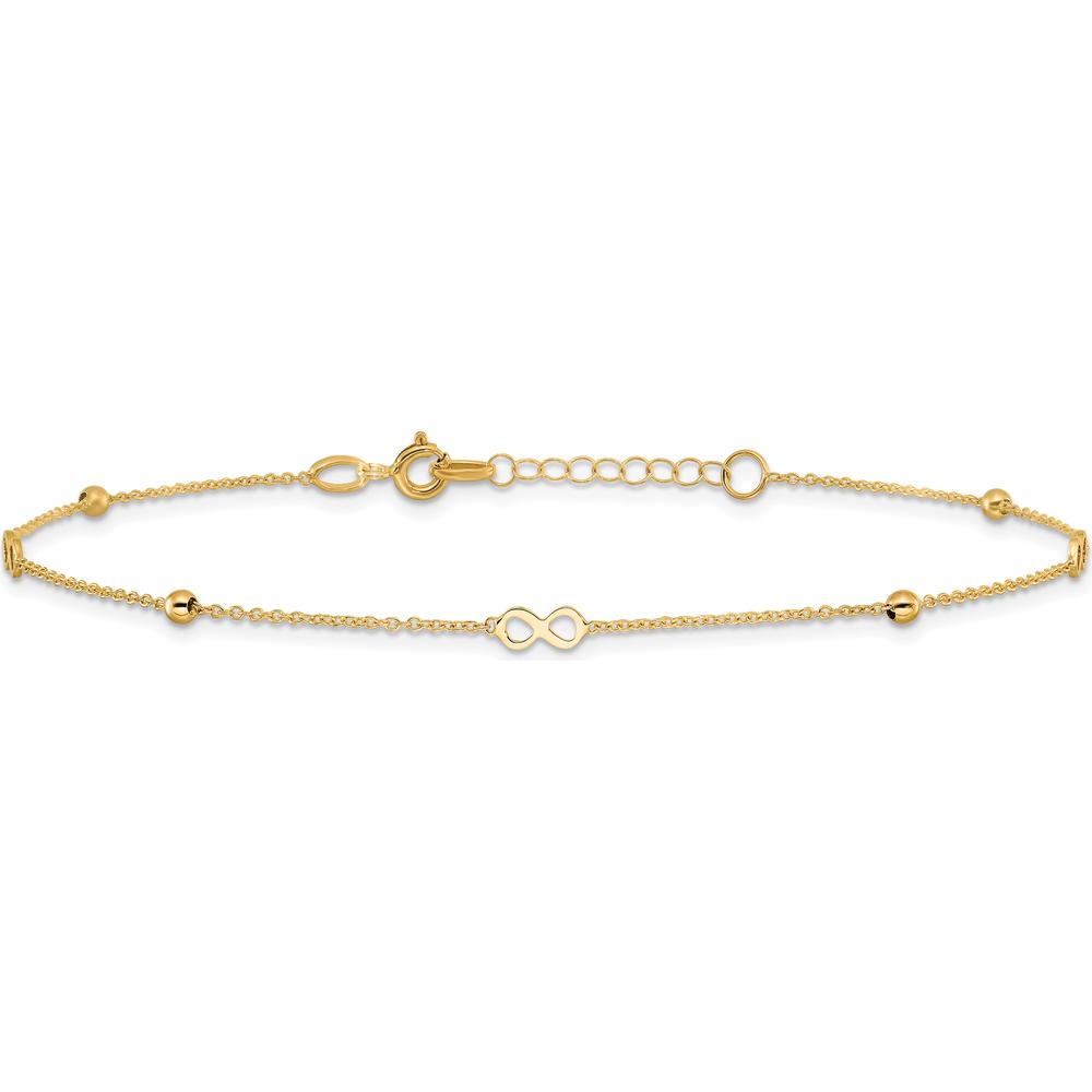 14K Yellow Gold Polished Infinity and Beads Anklet with 1" Extender - Adjustable 10" Total Length