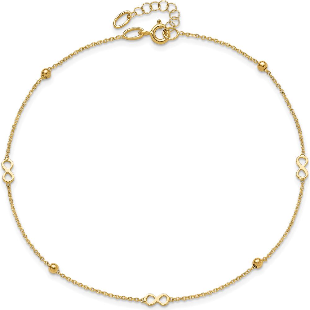 14K Yellow Gold Polished Infinity and Beads Anklet with 1" Extender - Adjustable 10" Total Length