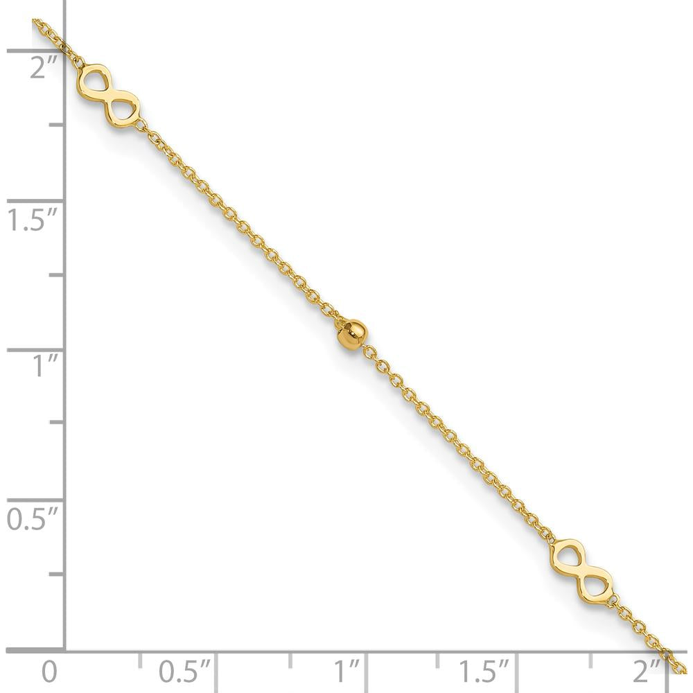 14K Yellow Gold Polished Infinity and Beads Anklet with 1" Extender - Adjustable 10" Total Length