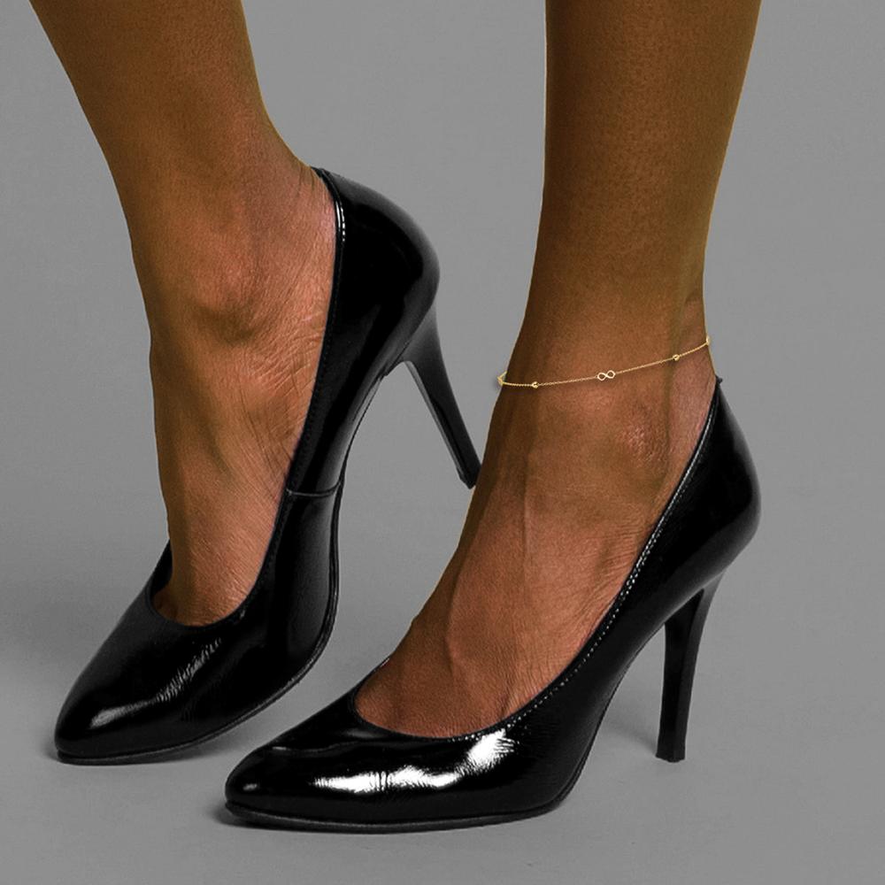 14K Yellow Gold Polished Infinity and Beads Anklet with 1" Extender - Adjustable 10" Total Length