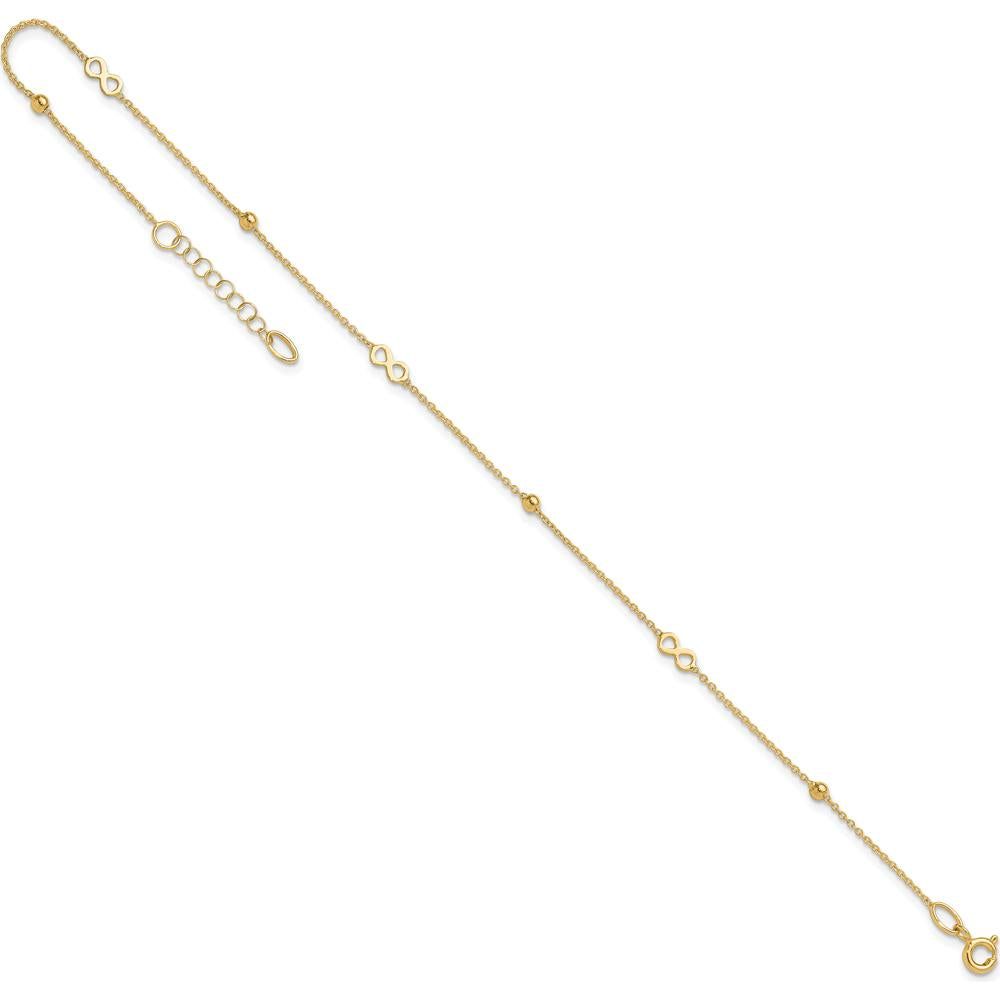 14K Yellow Gold Polished Infinity and Beads Anklet with 1" Extender - Adjustable 10" Total Length