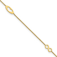 14K Yellow Gold Polished Infinity and Heart Anklet with Extender - 10" Total Length