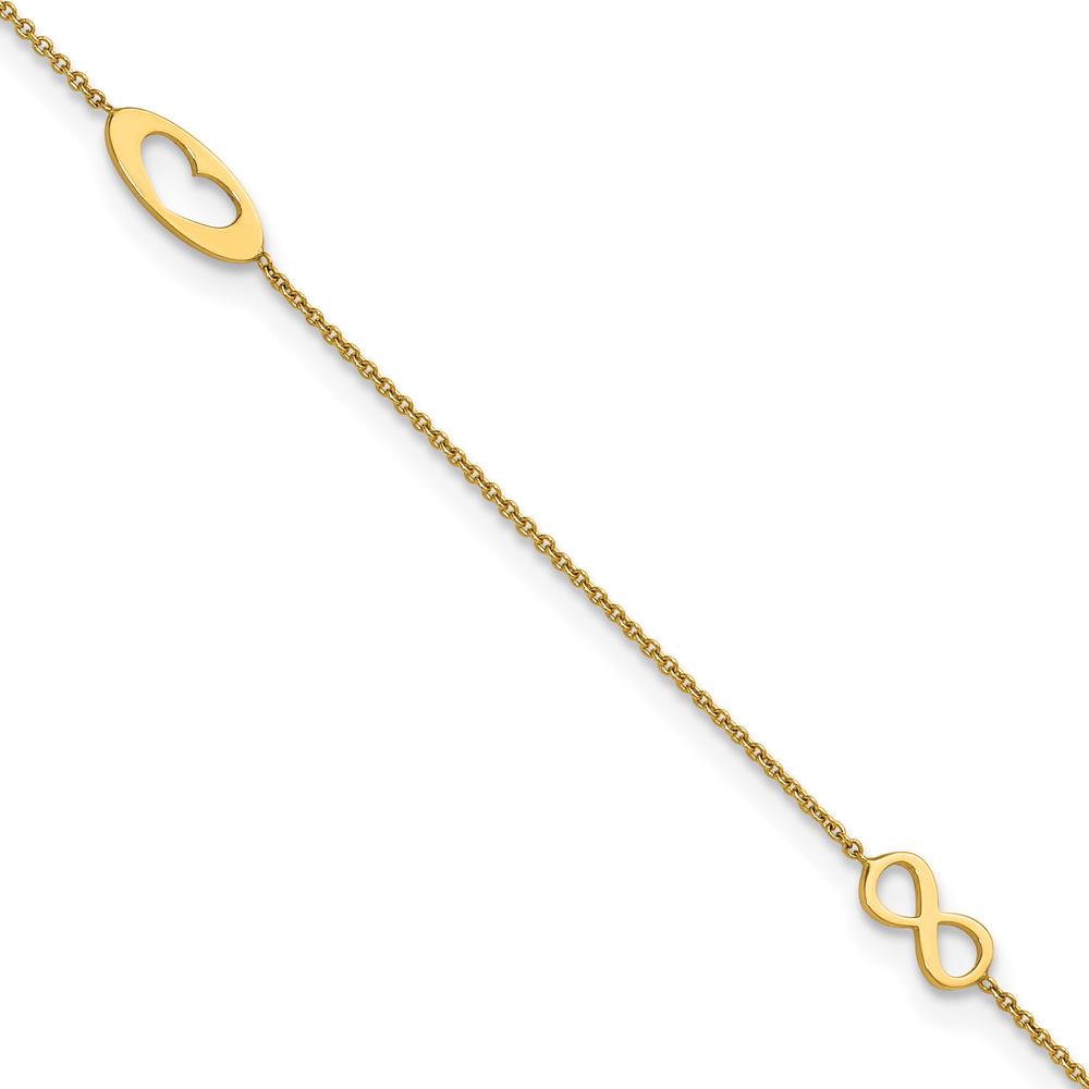 14K Yellow Gold Polished Infinity and Heart Anklet with Extender - 10" Total Length
