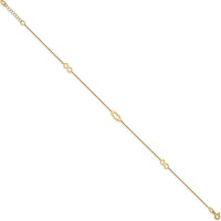 14K Yellow Gold Polished Infinity and Heart Anklet with Extender - 10" Total Length