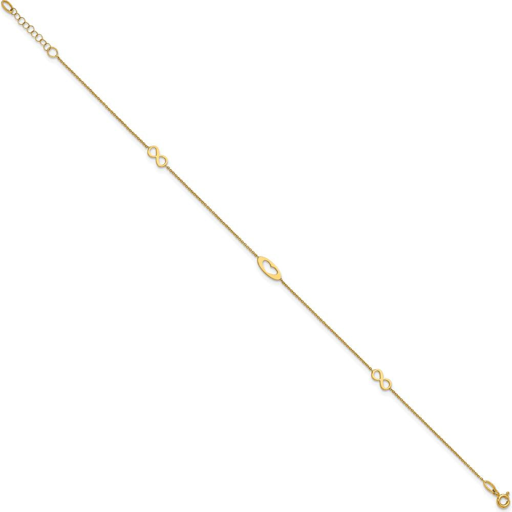 14K Yellow Gold Polished Infinity and Heart Anklet with Extender - 10" Total Length
