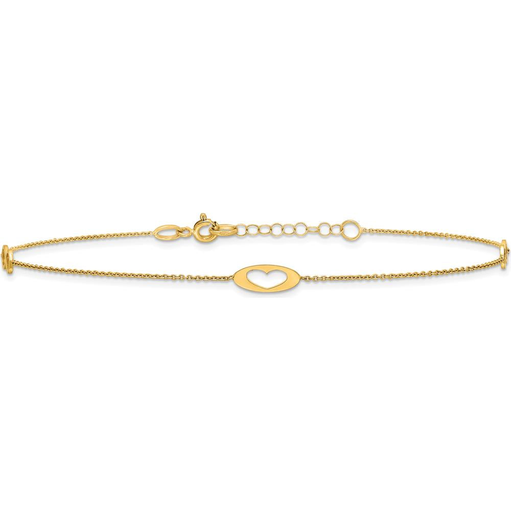 14K Yellow Gold Polished Infinity and Heart Anklet with Extender - 10" Total Length