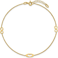 14K Yellow Gold Polished Infinity and Heart Anklet with Extender - 10" Total Length