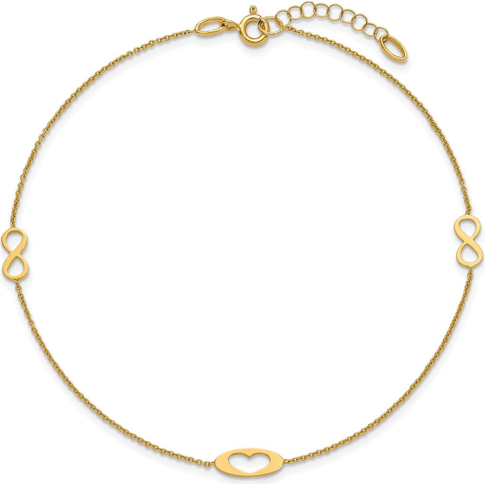 14K Yellow Gold Polished Infinity and Heart Anklet with Extender - 10" Total Length