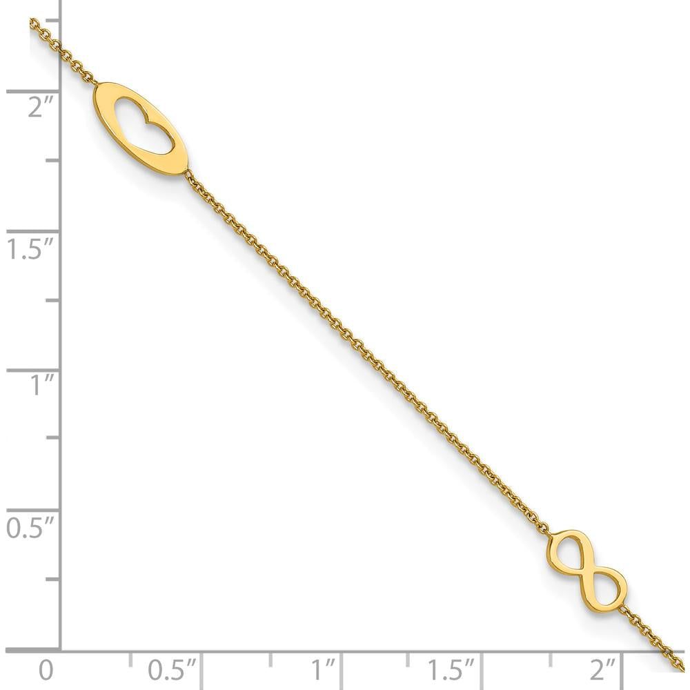 14K Yellow Gold Polished Infinity and Heart Anklet with Extender - 10" Total Length