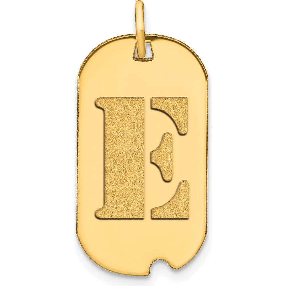 14K Yellow Gold Polished Initial E Dog Tag Pendant with Satin Finish - Custom Laser Cut Design by Oro Pregiato