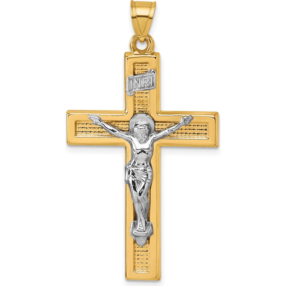 14K Yellow Gold Polished INRI Crucifix Cross Pendant with Rhodium Accent by Oro Pregiato