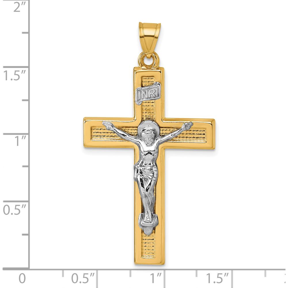 14K Yellow Gold Polished INRI Crucifix Cross Pendant with Rhodium Accent by Oro Pregiato