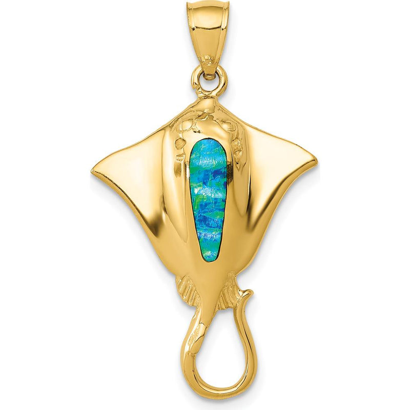 14K Yellow Gold Polished Lab Created Blue Opal Stingray Pendant - Ocean-Inspired Charm by Oro Pregiato