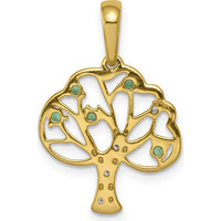 14K Yellow Gold Polished Lab Created Emerald and Diamond Tree Pendant with Round Green Emeralds - 0.14 Carat Total Gem Weight by Lumare Gioia