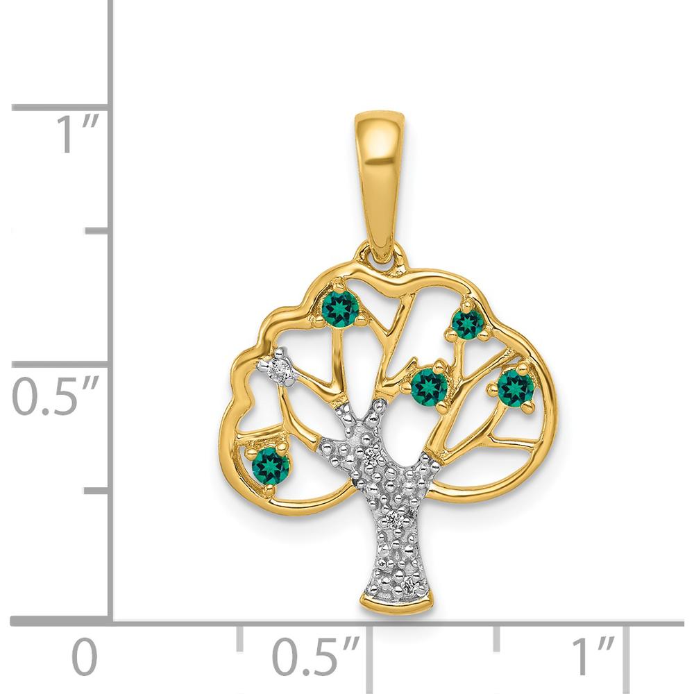 14K Yellow Gold Polished Lab Created Emerald and Diamond Tree Pendant with Round Green Emeralds - 0.14 Carat Total Gem Weight by Lumare Gioia
