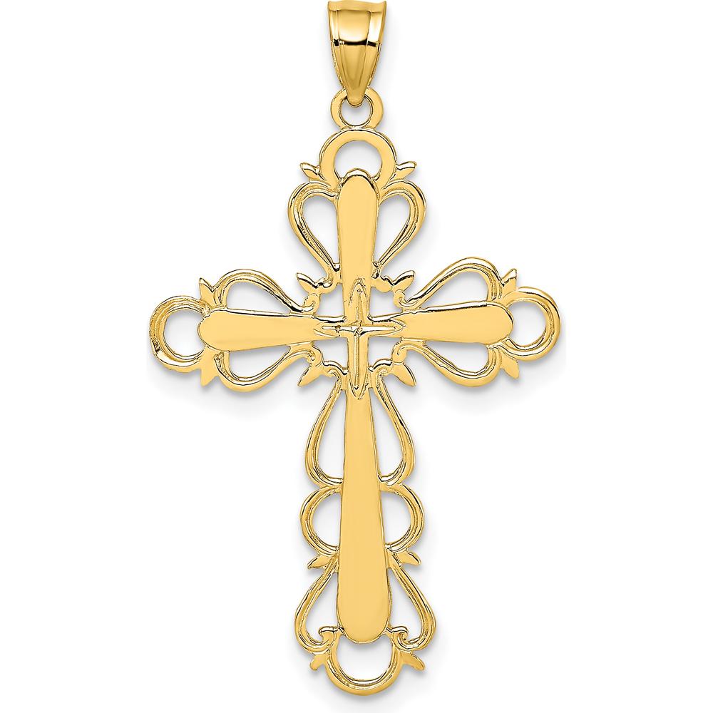 14K Yellow Gold Polished Lace Trim Cross Pendant - 29.8mm Length, 21mm Width by Oro Pregiato