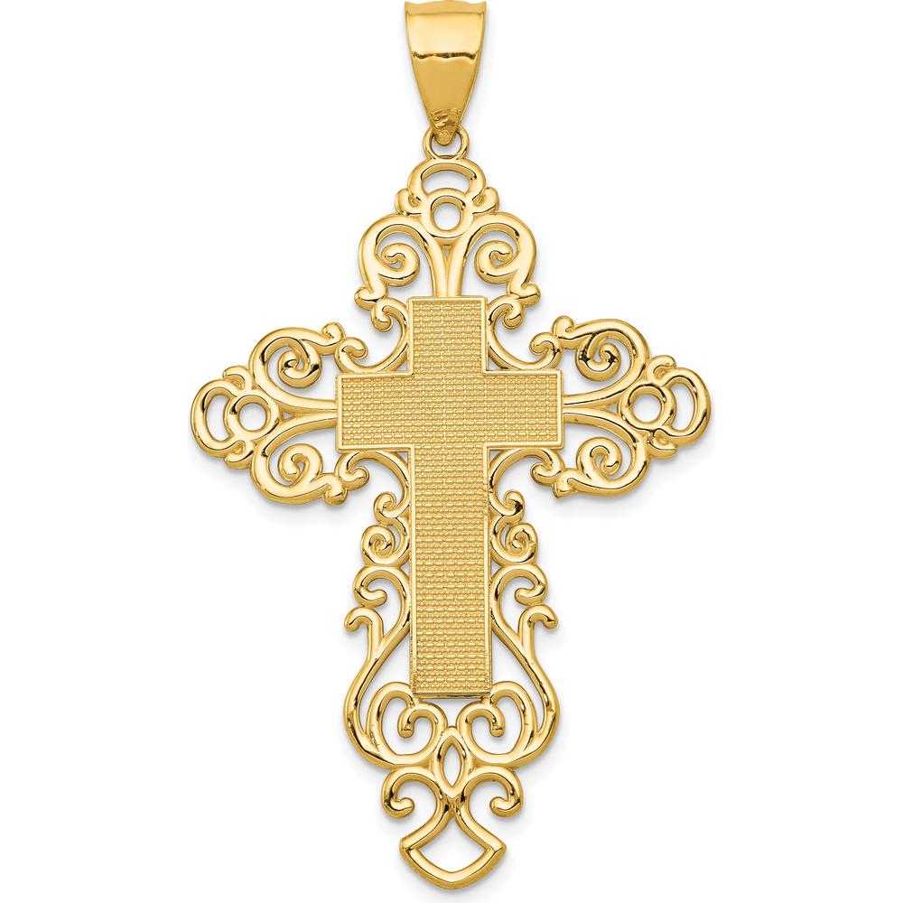 14K Yellow Gold Polished Large Fancy Filigree Cross Pendant - 51.2mm by Oro Pregiato