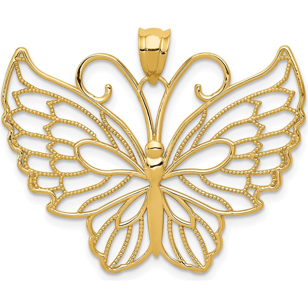 14K Yellow Gold Polished Large Filigree Butterfly Pendant with Textured Detailing - 28.1mm Length by Oro Pregiato