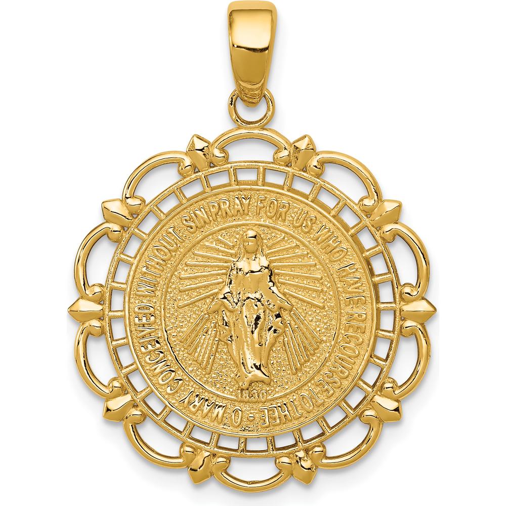 14K Yellow Gold Polished Large Miraculous Medal Pendant with Scallop Frame - 31mm Length by Oro Pregiato