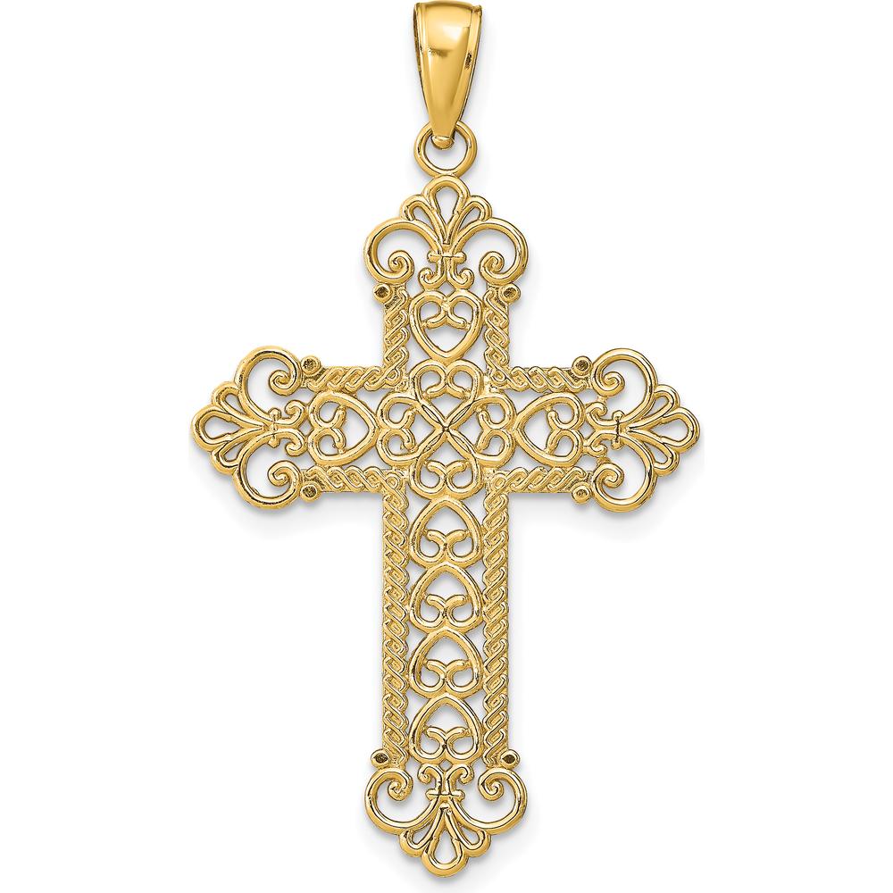14K Yellow Gold Polished Large Rope Frame Filigree Cross Pendant by Oro Pregiato