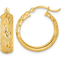 14K Yellow Gold Polished Laser and Diamond-Cut Fancy Round Hoop Earrings - 21mm by 0
