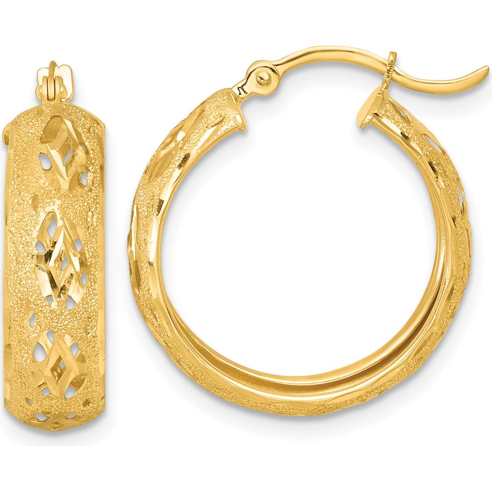 14K Yellow Gold Polished Laser and Diamond-Cut Fancy Round Hoop Earrings - 21mm by 0