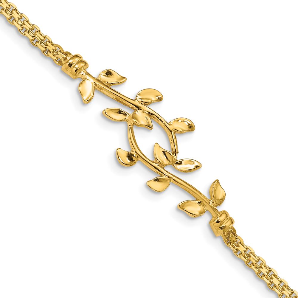 14K Yellow Gold Polished Leaf and Bismark Chain Bracelet - 7 Inches with Lobster Clasp by Oro Pregiato