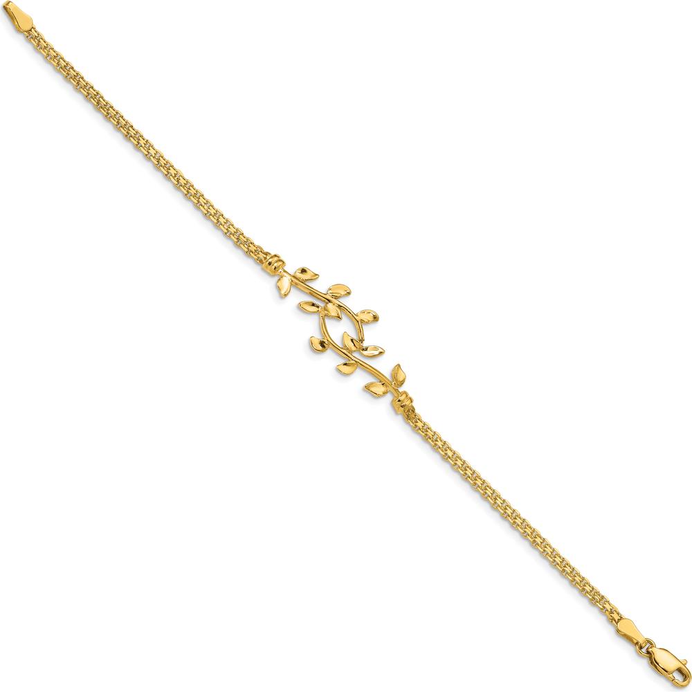 14K Yellow Gold Polished Leaf and Bismark Chain Bracelet - 7 Inches with Lobster Clasp by Oro Pregiato