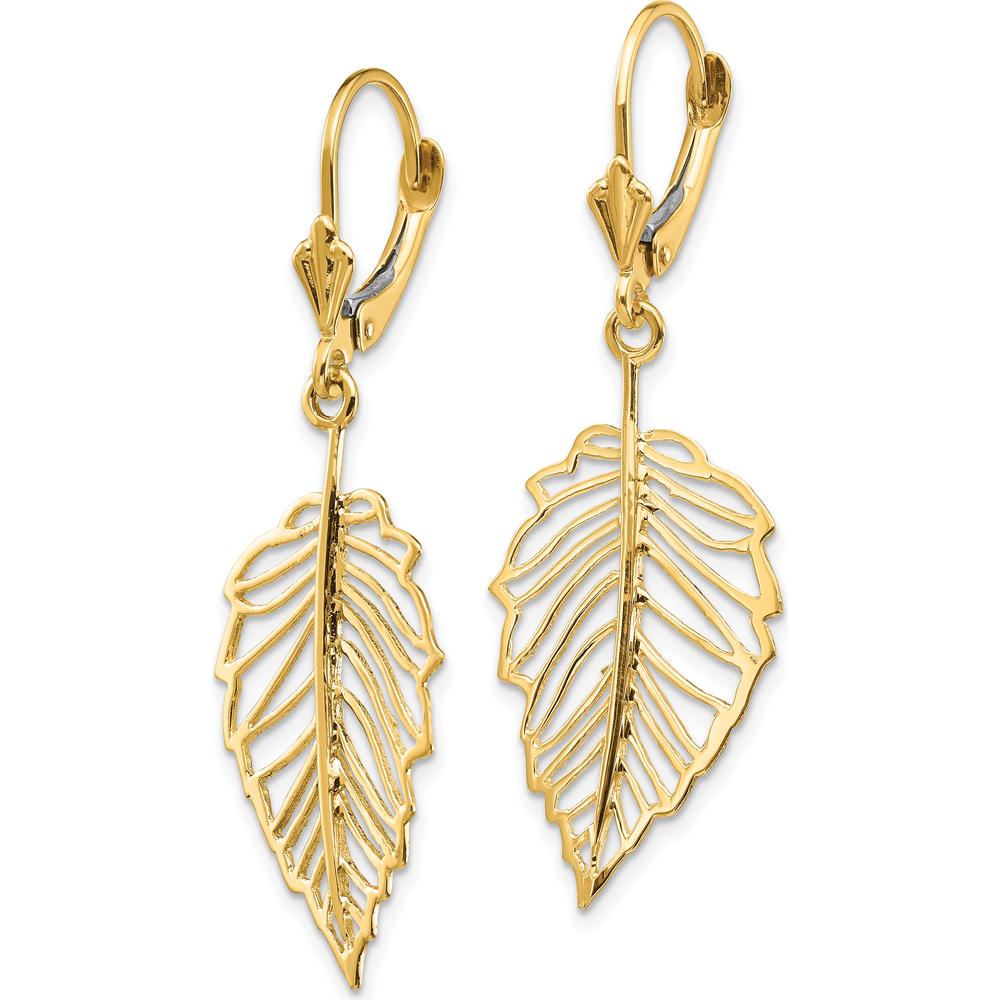 14K Yellow Gold Polished Leaf Leverback Drop Earrings by 0