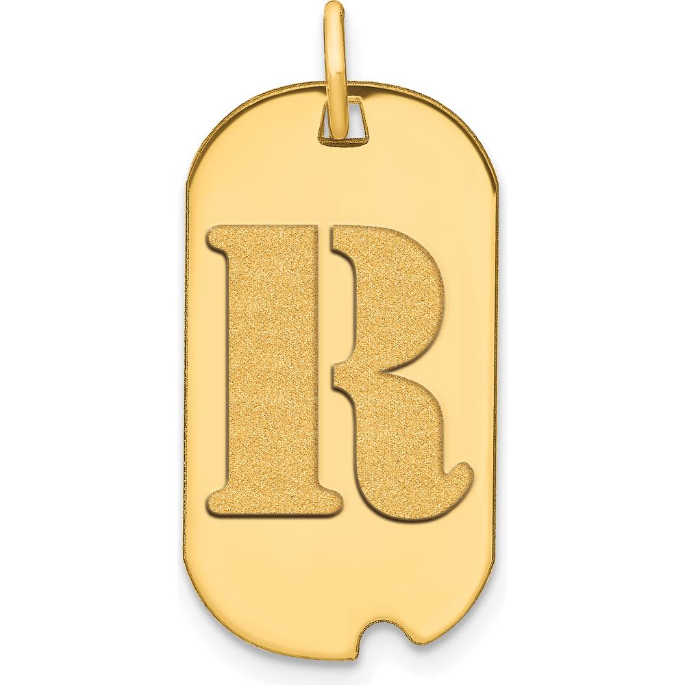 14K Yellow Gold Polished Letter R Initial Dog Tag Pendant with Satin & Brushed Finish by Oro Pregiato