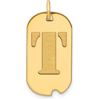 14K Yellow Gold Polished Letter T Initial Dog Tag Pendant with Satin Finish and Brushed Detail by Oro Pregiato