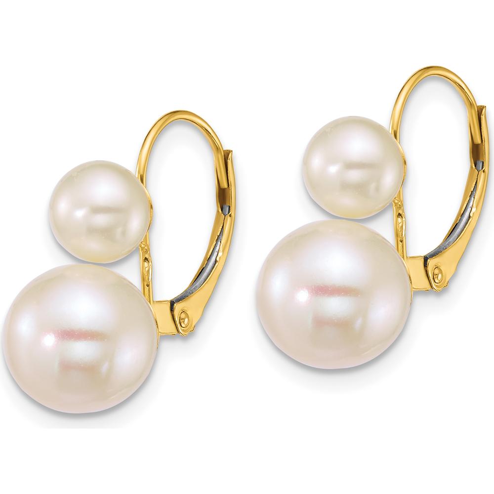 14K Yellow Gold Polished Leverback Earrings with 6-9mm White Freshwater Cultured Pearls by Monteluci Fine Jewelry