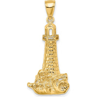 14K Yellow Gold Polished Lighthouse Charm with Waves Design by Oro Pregiato