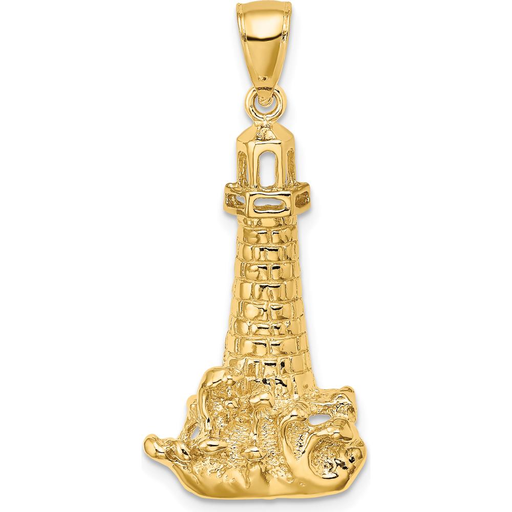 14K Yellow Gold Polished Lighthouse Charm with Waves Design by Oro Pregiato