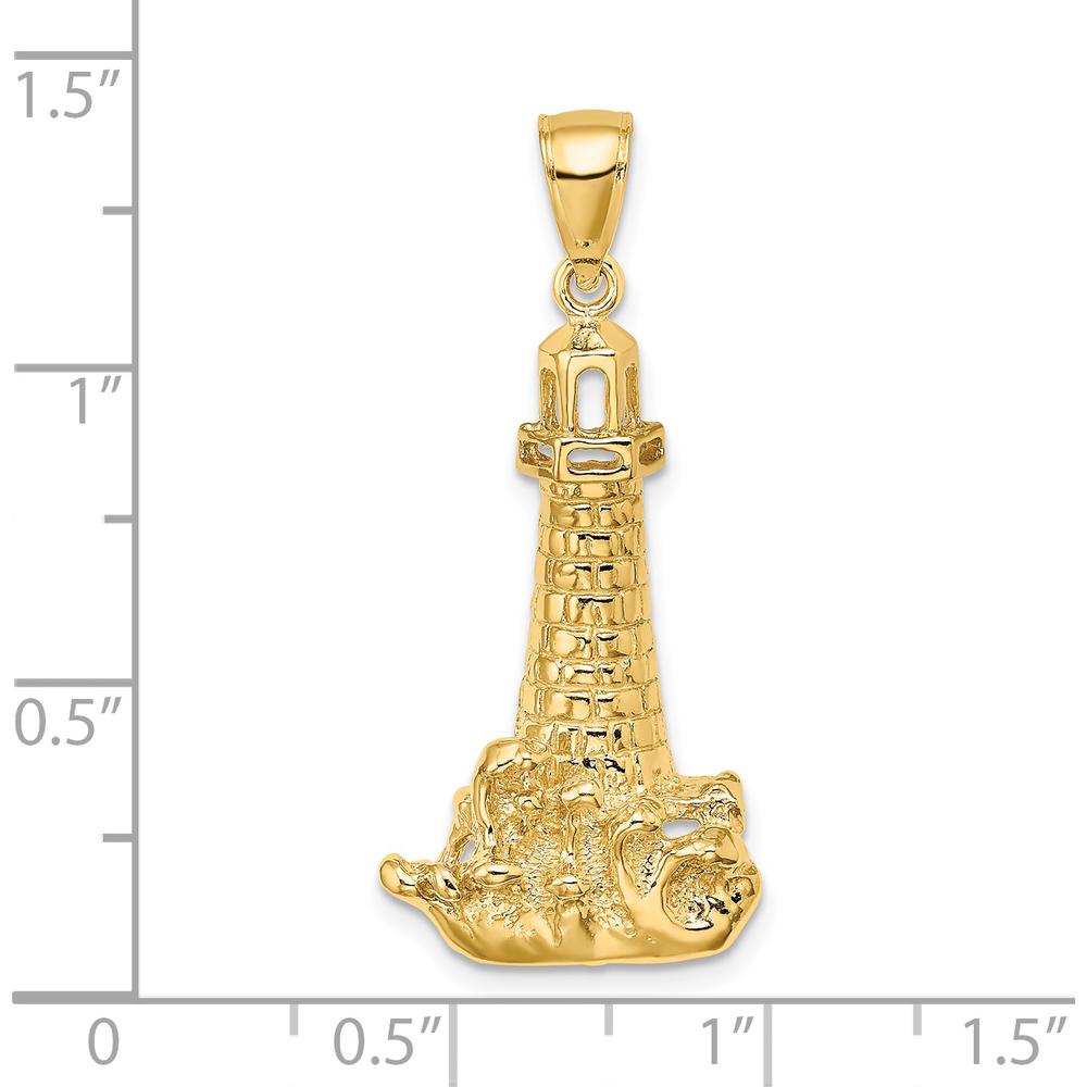 14K Yellow Gold Polished Lighthouse Charm with Waves Design by Oro Pregiato