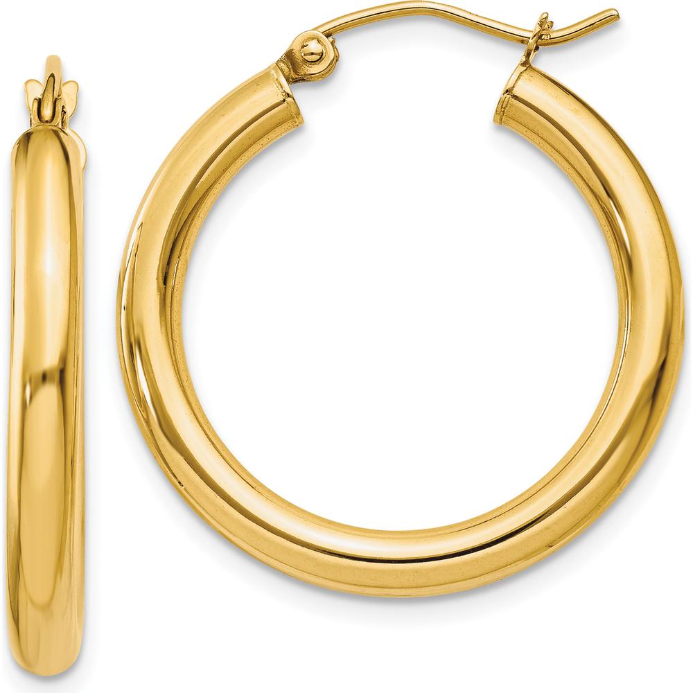 14K Yellow Gold Polished Lightweight 3mm Tube Hoop Earrings - 25mm Length by 0