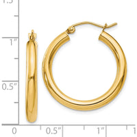14K Yellow Gold Polished Lightweight 3mm Tube Hoop Earrings - 25mm Length by 0