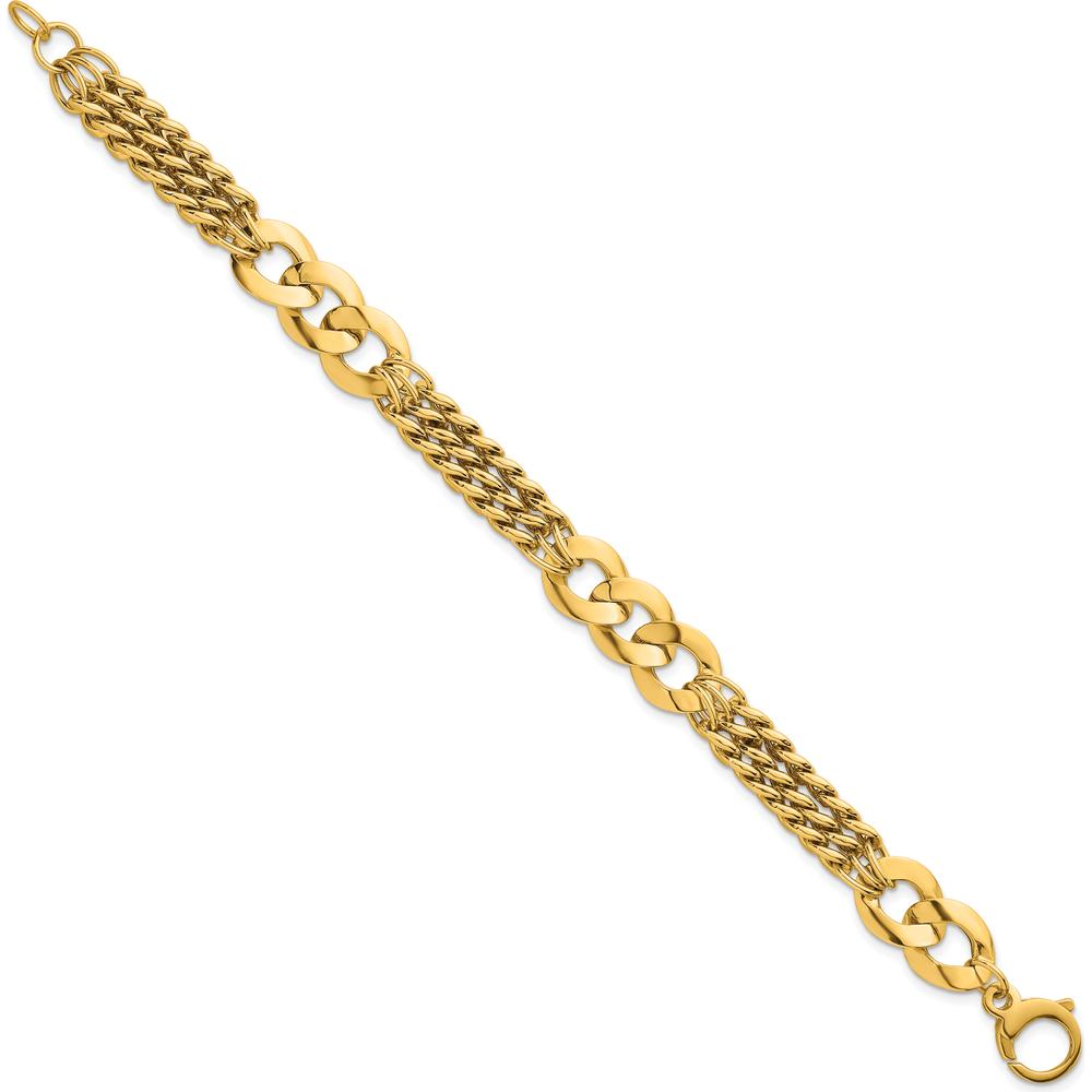 14K Yellow Gold Polished Link and Triple Strand Fancy Curb Bracelet - 7.25" Length by 0