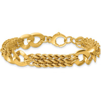 14K Yellow Gold Polished Link and Triple Strand Fancy Curb Bracelet - 7.25" Length by 0