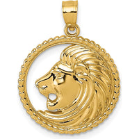 14K Yellow Gold Polished Lion with Mane in Textured Circle Pendant by Oro Pregiato