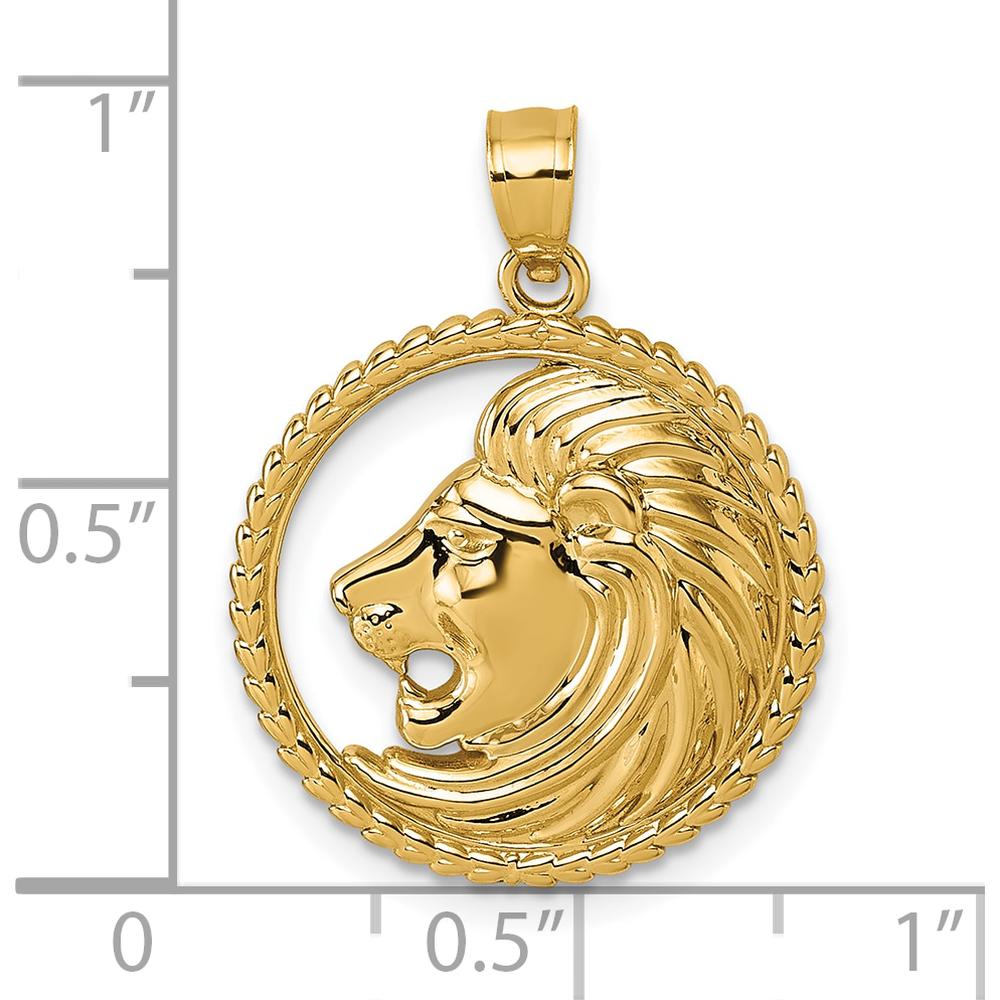 14K Yellow Gold Polished Lion with Mane in Textured Circle Pendant by Oro Pregiato