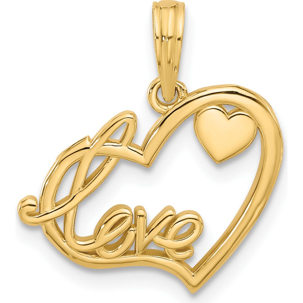 14K Yellow Gold Polished "LOVE" Script and Heart Pendant Charm - 19.6mm Length by Oro Pregiato