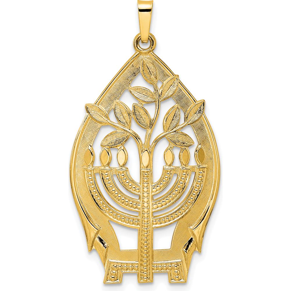 14K Yellow Gold Polished Menorah and Tree of Life Pendant with Textured Hollow Design - 40mm Length by Oro Pregiato