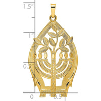 14K Yellow Gold Polished Menorah and Tree of Life Pendant with Textured Hollow Design - 40mm Length by Oro Pregiato
